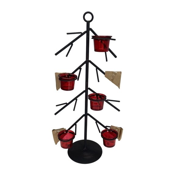 Black Metal Christmas Tree Candle Holder With Red Glass Votives - Picture 1 of 7
